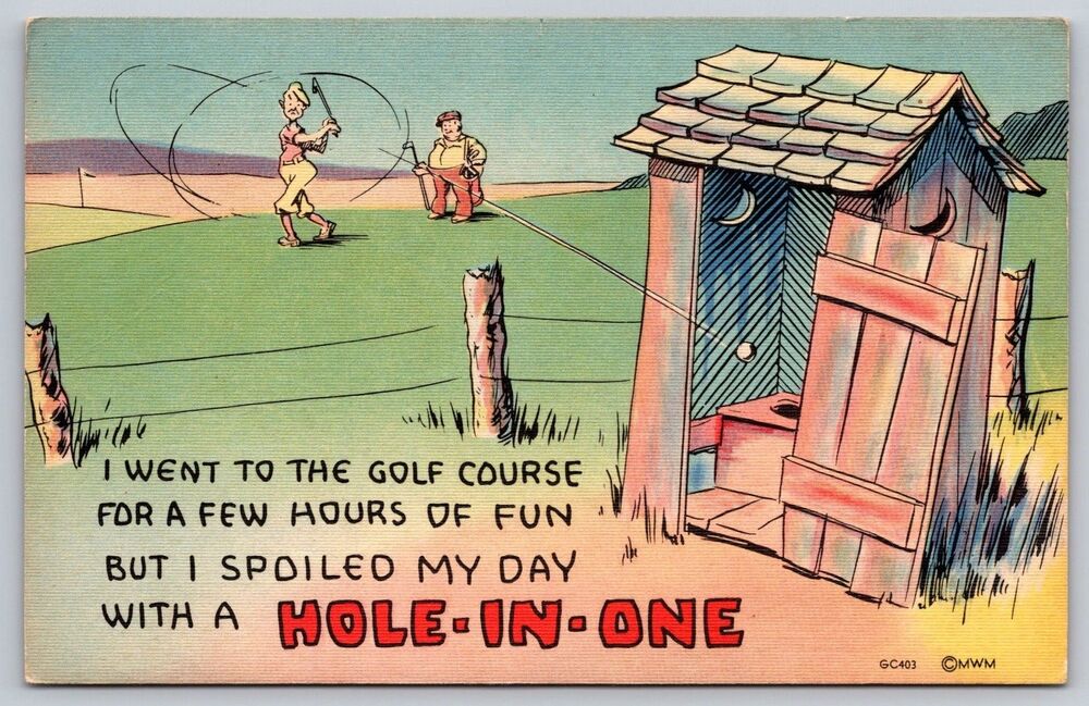 Vintage MWM Comic Golf Postcard Hole In One Outhouse Humor Linen Unused GC403